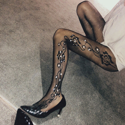 Side big flower spot drill hot drilling leggings pantyhose with decorative floral embellishments