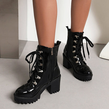 Patent leather chunky-heel riding boots with thick sole front, My Store