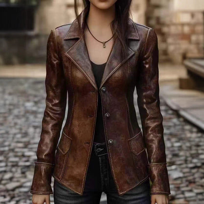 Chic retro cool biker leather jacket top in black with classic zip details and a fitted silhouette