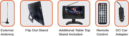 Naxa portable 14.1-inch 12V ACDC TV with digital multimedia player, showing screen with TV and media interface