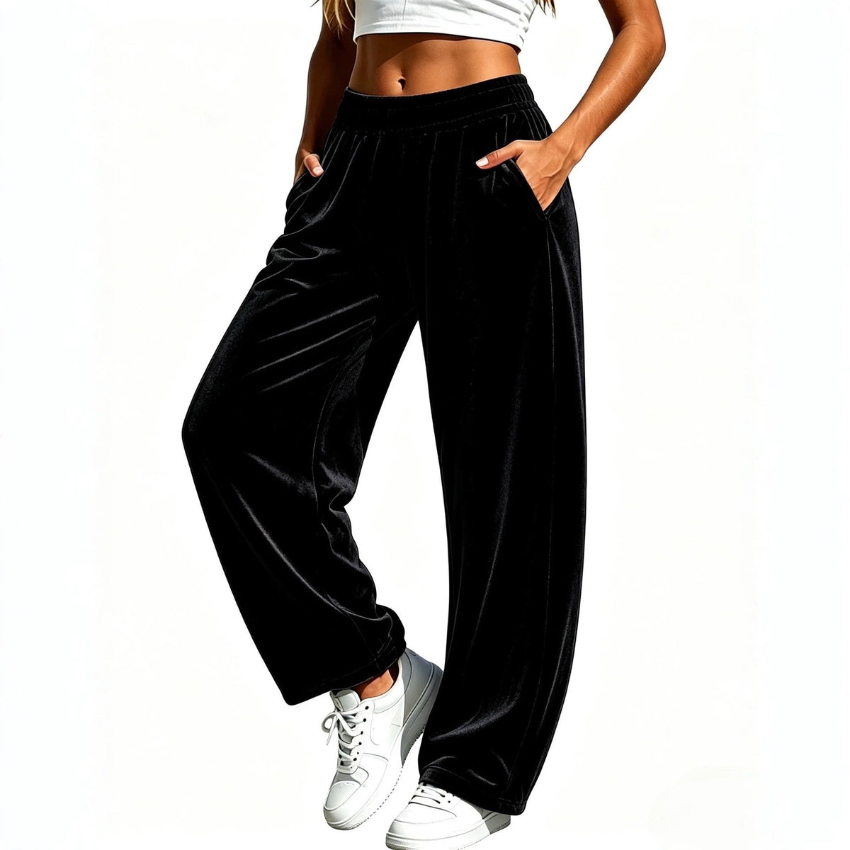 Fashionable women's sporty-casual wide-leg pants in a relaxed silhouette, shown in a product image