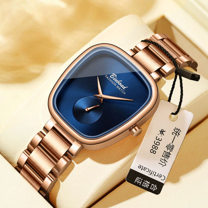 Women's waterproof stainless steel quartz watch with a sleek metal band and round dial