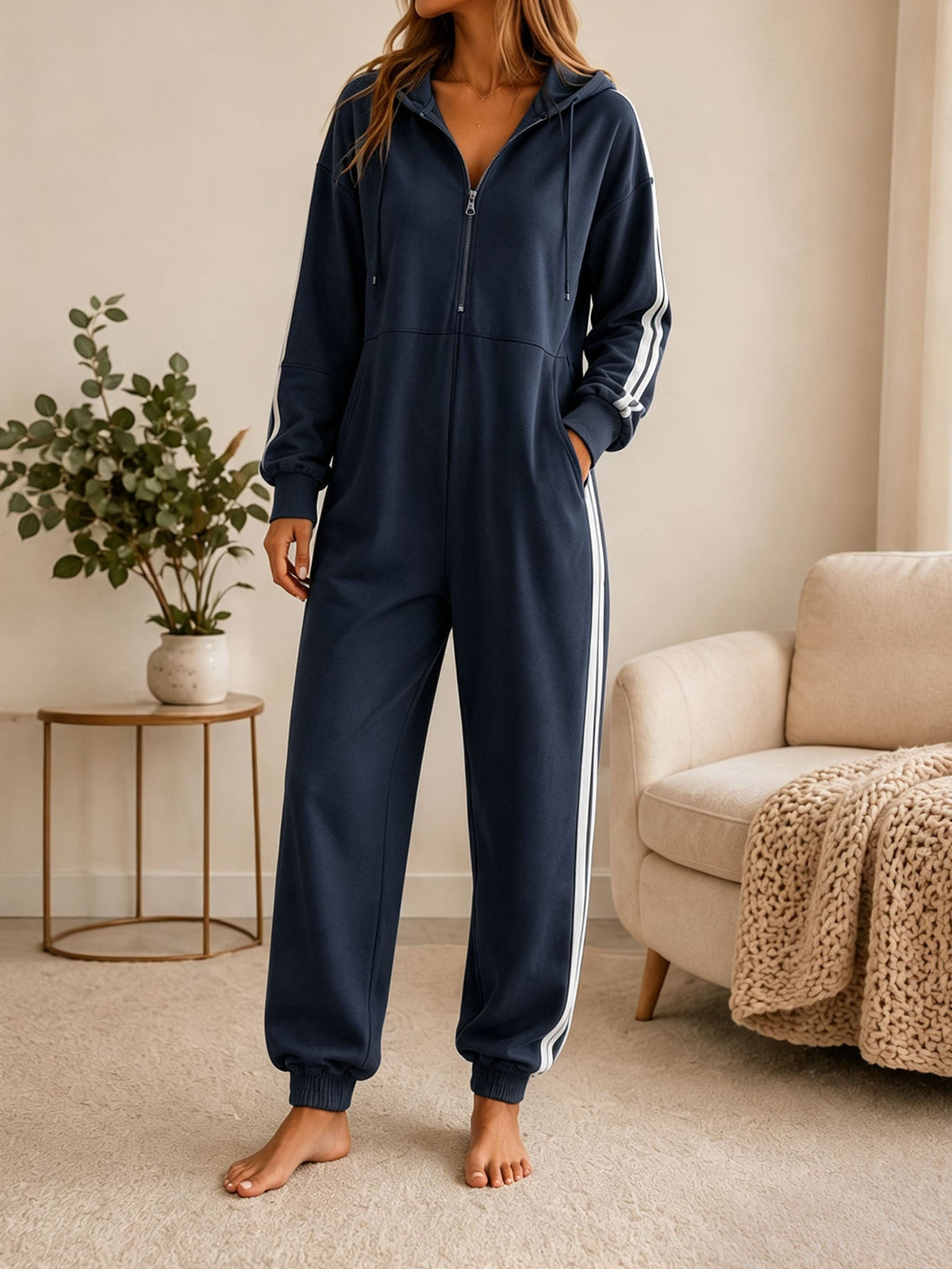 Women's loose-fitting hooded zip-up jumpsuit by My Store
