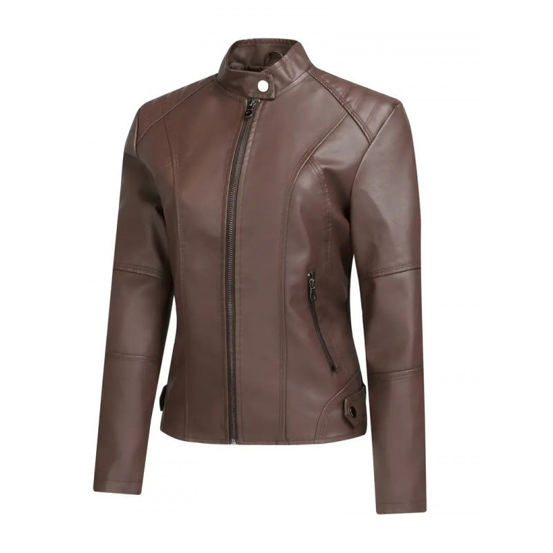 Women's fashionable short washed-leather zip-up jacket in a sleek cropped design