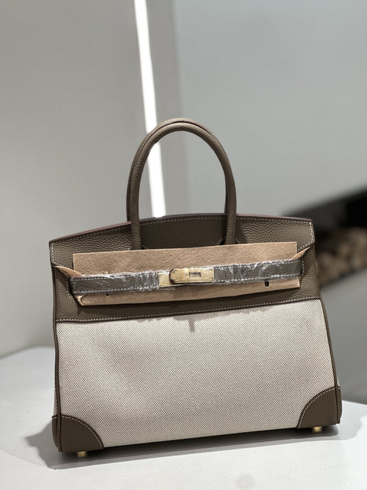 Genuine leather cowhide large tote handbag with fabric details, Birkin-style commuter bag in classic structured design