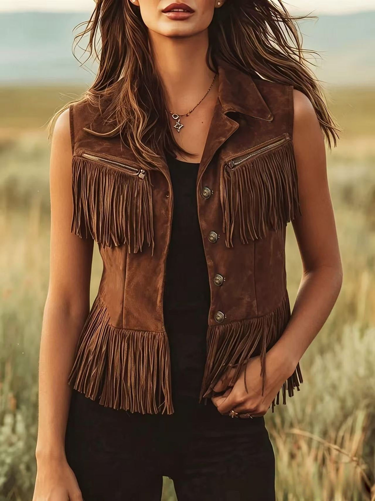 Ethnic-style women’s fashion vest cardigan top in a sleeveless layered design