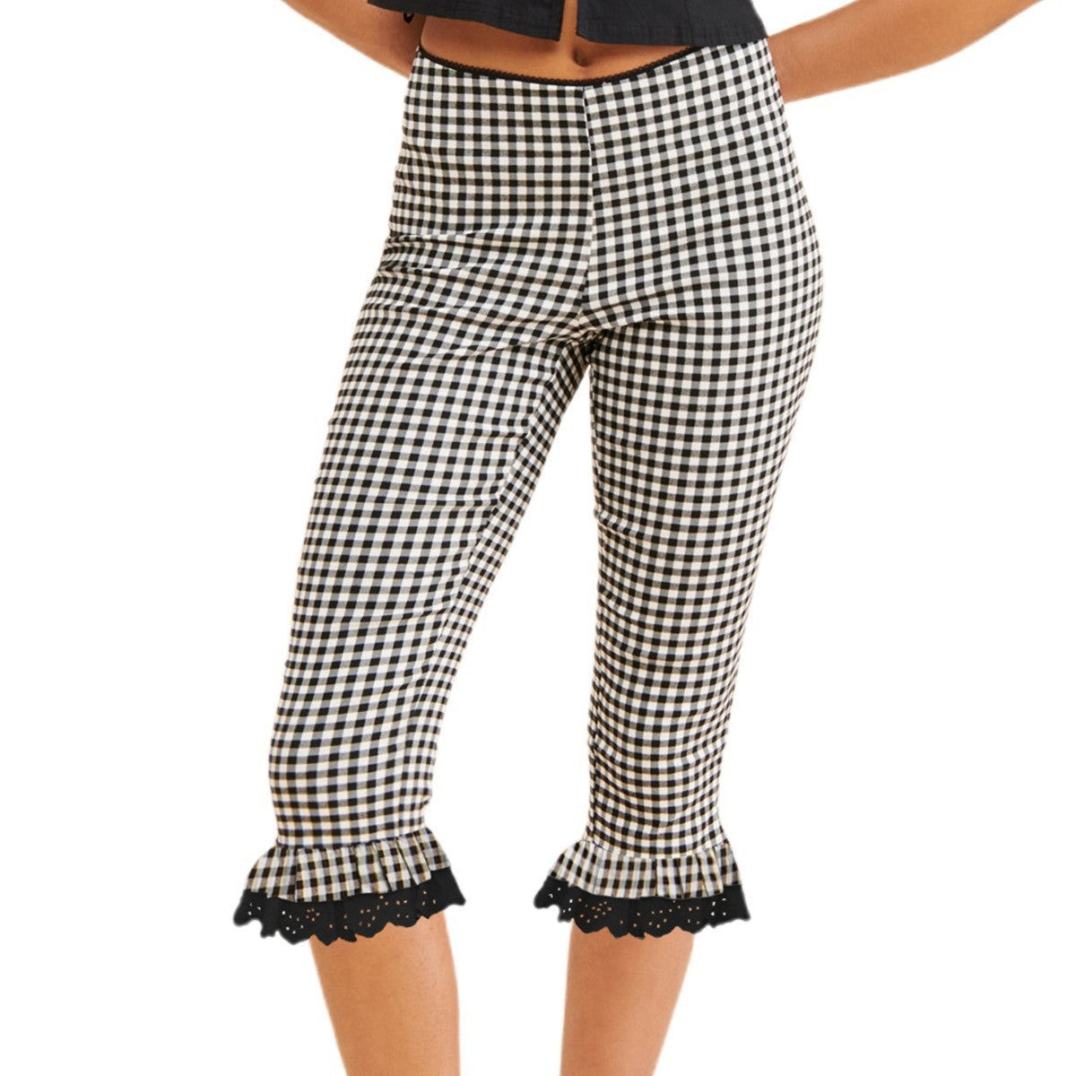 Women's plaid capri pants with lace flounce hem")]

//