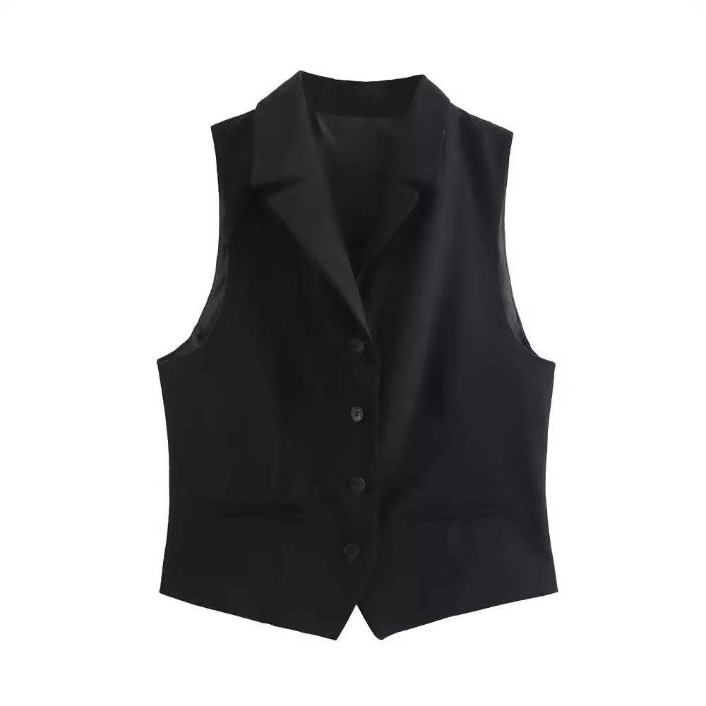 Women's solid-color lapel sleeveless single-breasted vest by My Store