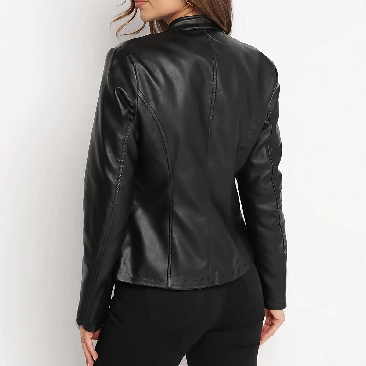 Women's slim-fit short leather jacket in a fashionable design, front view