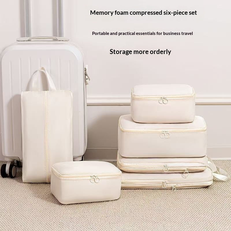 6-piece compressible travel storage bags and compartmentalized packing cubes for organized luggage packing
