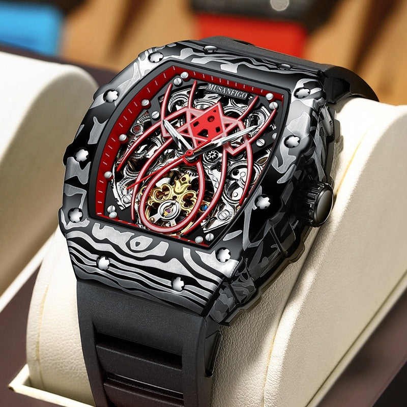 Barrel-shaped Fully Automatic Mechanical Luminous New Sports Fashion Mens Hollow-out Watch