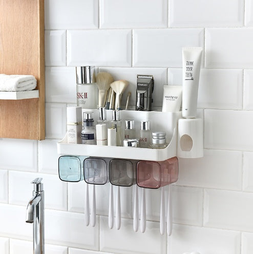 Toothbrush holder bathroom shelving with perforation-free suction wall mount and toiletry storage set