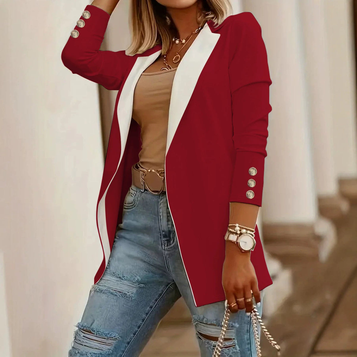 Notch-lapel contrast-color slim-fit long-button blazer in a structured tailored design