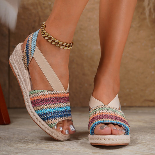 European and American ethnic-style wedge sandals with woven straps and open-toe design by My Store