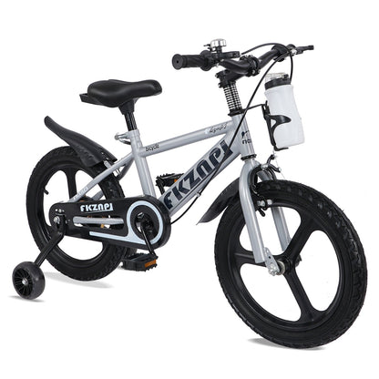 16-inch kids bike with training wheels and adjustable seat, featuring colorful frame and safety grips for young riders.