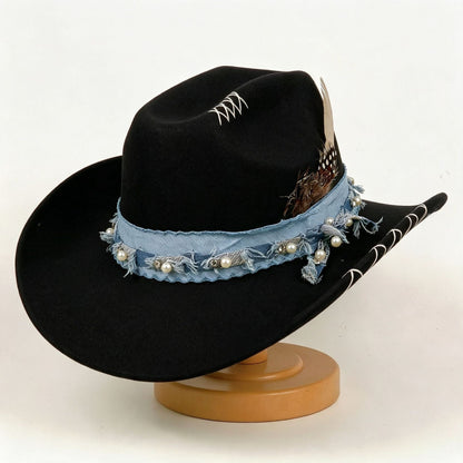 Western cowboy vintage jazz felt hat in classic black with a wide brim and pinched crown
