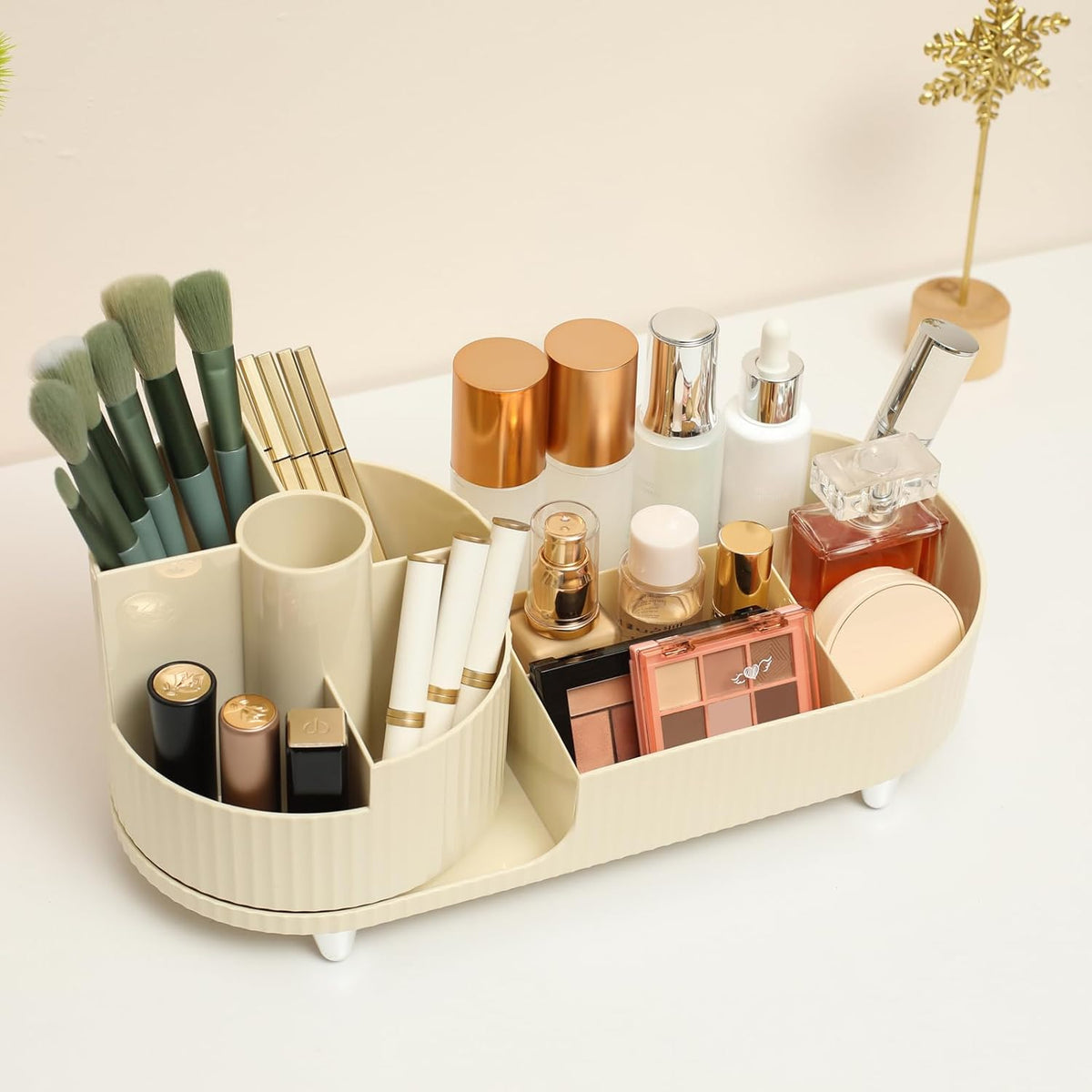 Rotating countertop makeup organizer with brush holder and large-capacity cosmetic storage compartments