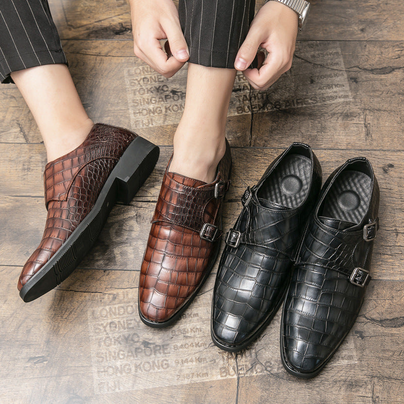 British-style men's leather shoes with square toe and embossed pattern