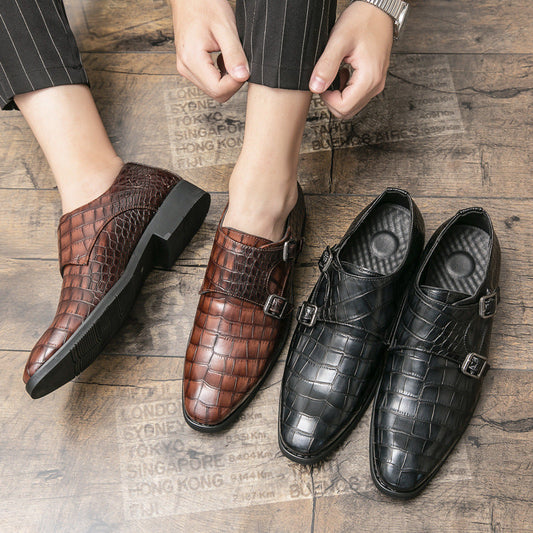 British-style men's leather shoes with square toe and embossed pattern