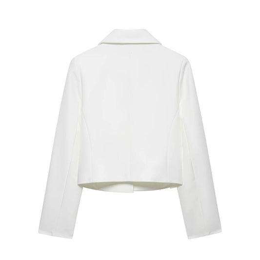 Women's short double-breasted blazer with shoulder pads in a structured tailored design