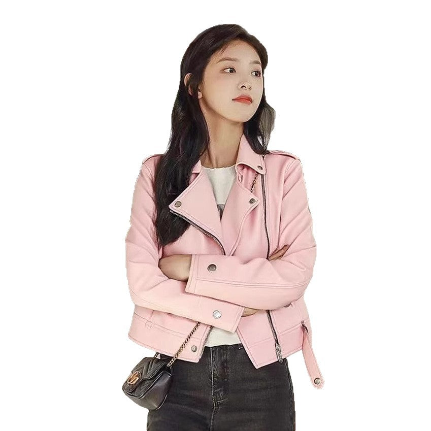 Short slim-fit PU leather jacket in black, front view
