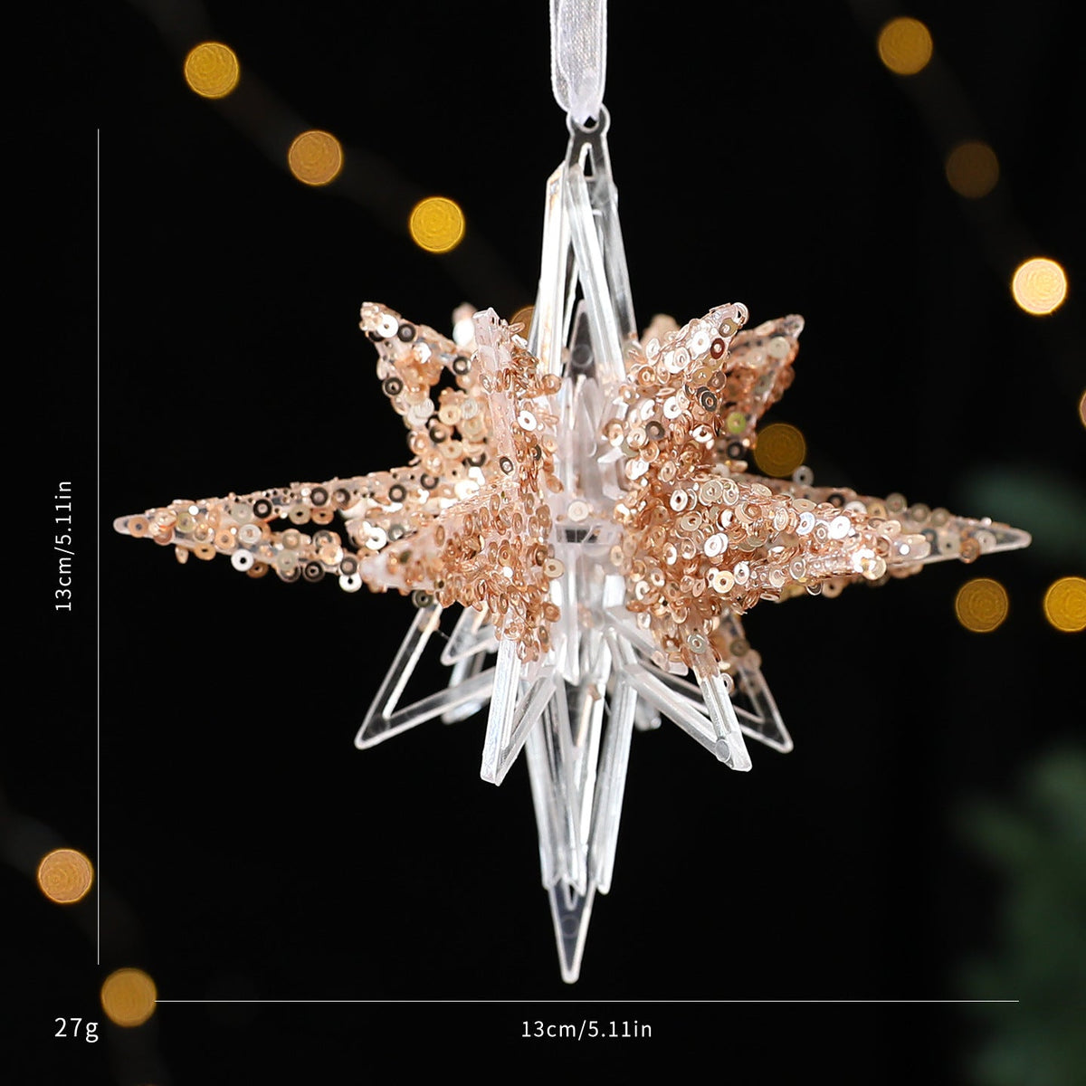 Sequined acrylic Christmas decoration pendant shown hanging as a festive holiday ornament