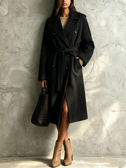 Double-breasted belted mid-length wool coat in a classic tailored style
