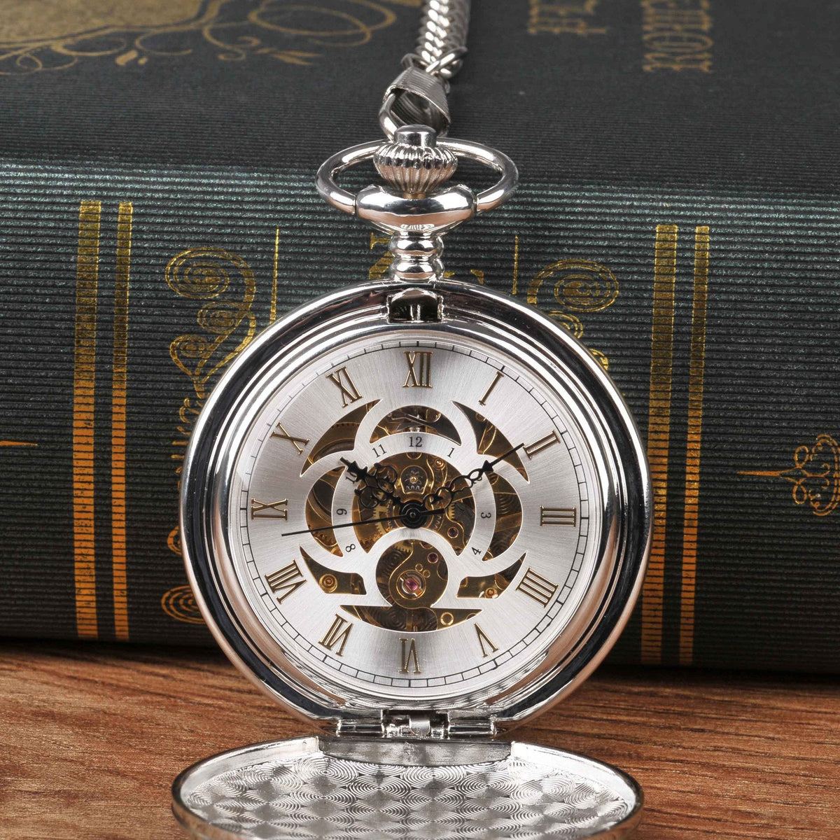 Silver large pocket watch with double-hinged cover and mechanical movement by My Store
