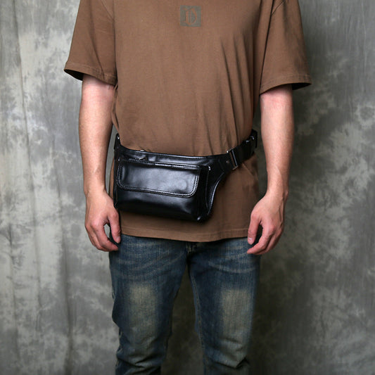 Single-shoulder genuine leather crossbody chest bag with adjustable strap and multiple compartments