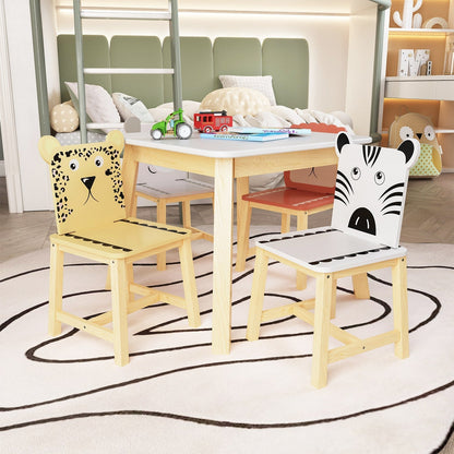 Kids furniture set with a table and four chairs featuring playful animal designs, ideal for children’s rooms.