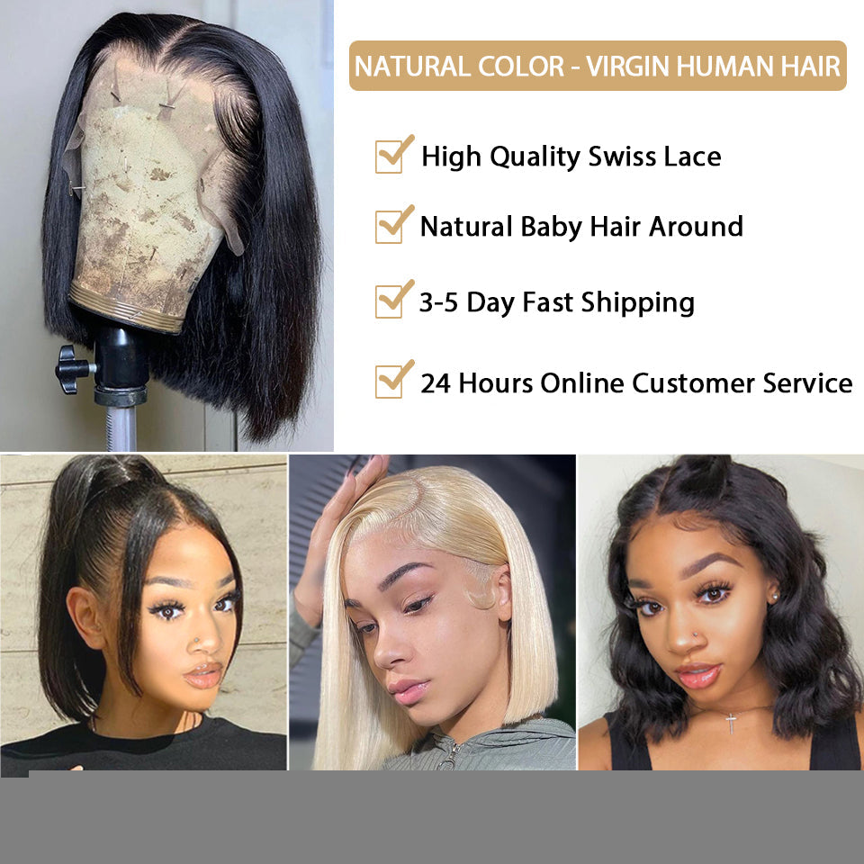 Straight short bob wig with 13x4 transparent lace frontal, human hair, natural-looking style