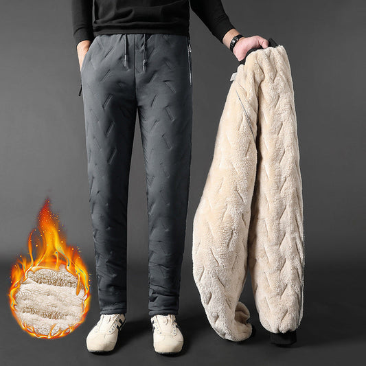 Men's winter velvet fleece trousers with loose fit, zip pocket, and windproof warm jogging pants