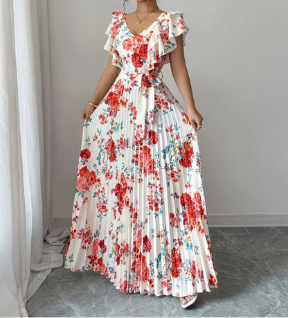 Women's V-neck printed ruffle A-line dress with a flattering silhouette