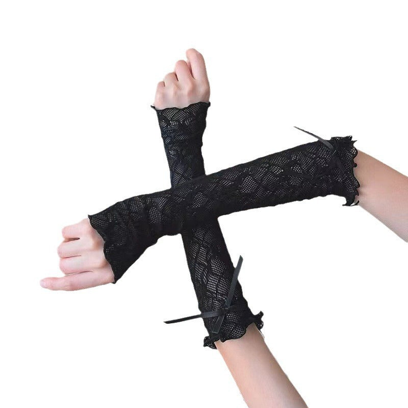 Women's minimalist bow lace sunscreen sleeves with delicate lace detailing and bow accents, pair view