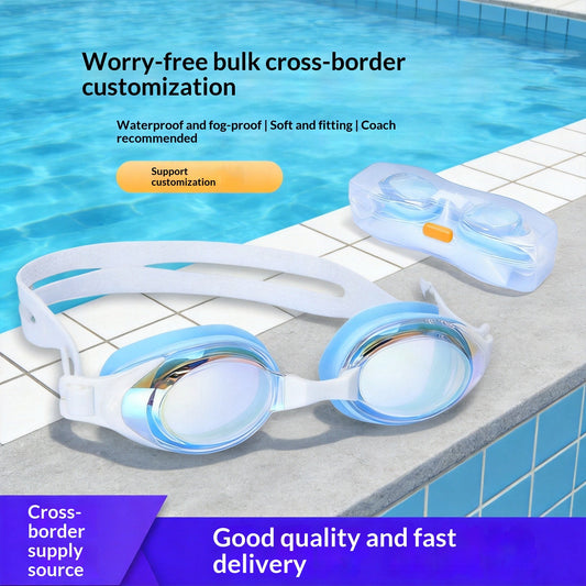 High-definition silicone swimming goggles for adults with waterproof eye protection, shown for men and women