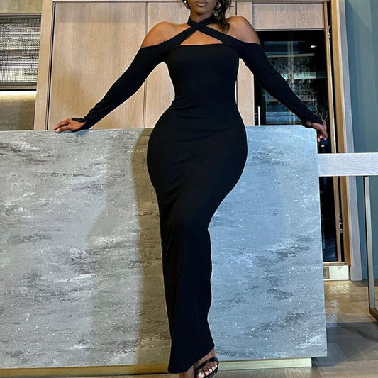 Women's winter solid-color off-shoulder halter top with long thin sunken stripe pencil skirt set
