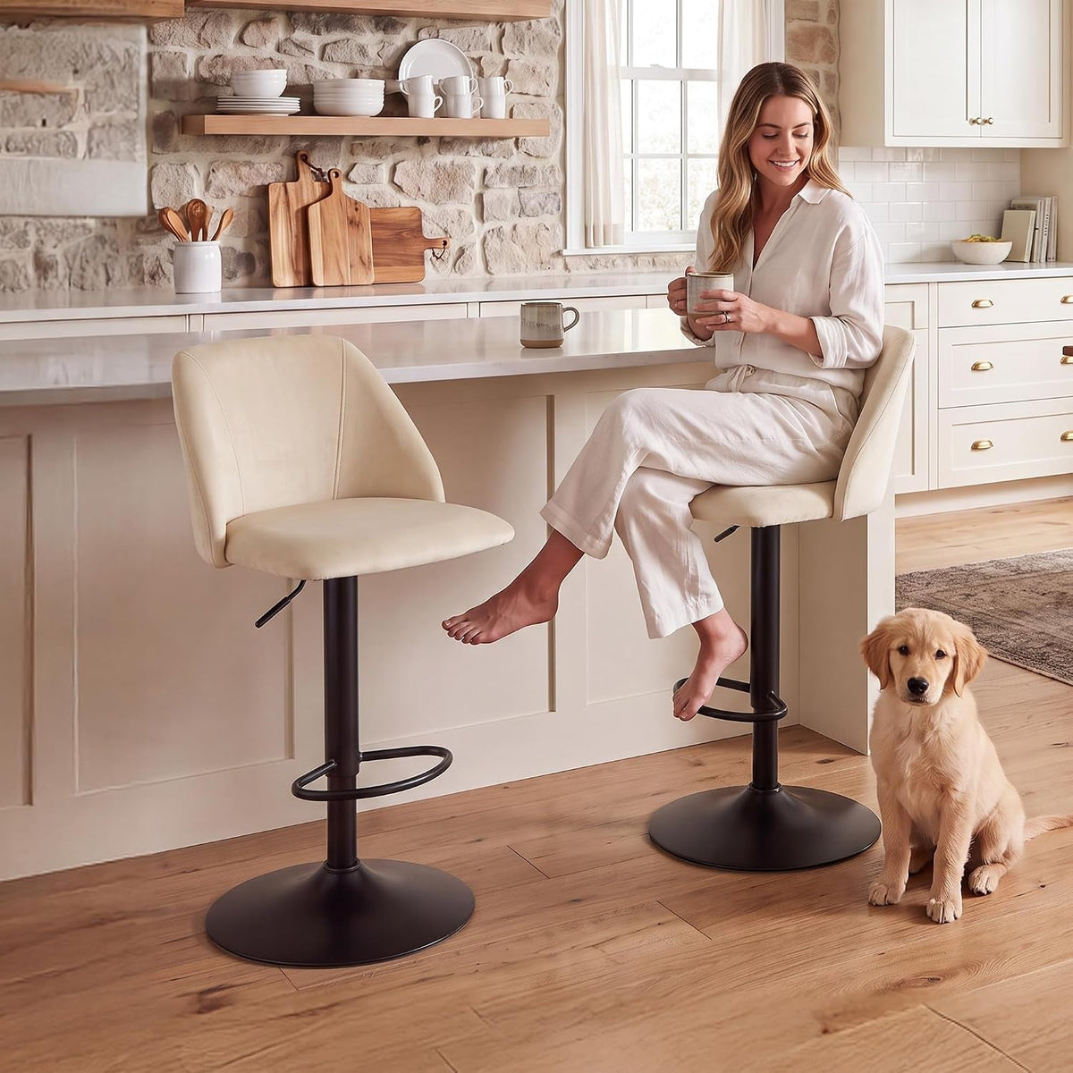 Beige Adjustable Swivel Counter Height Barstools Set of 3