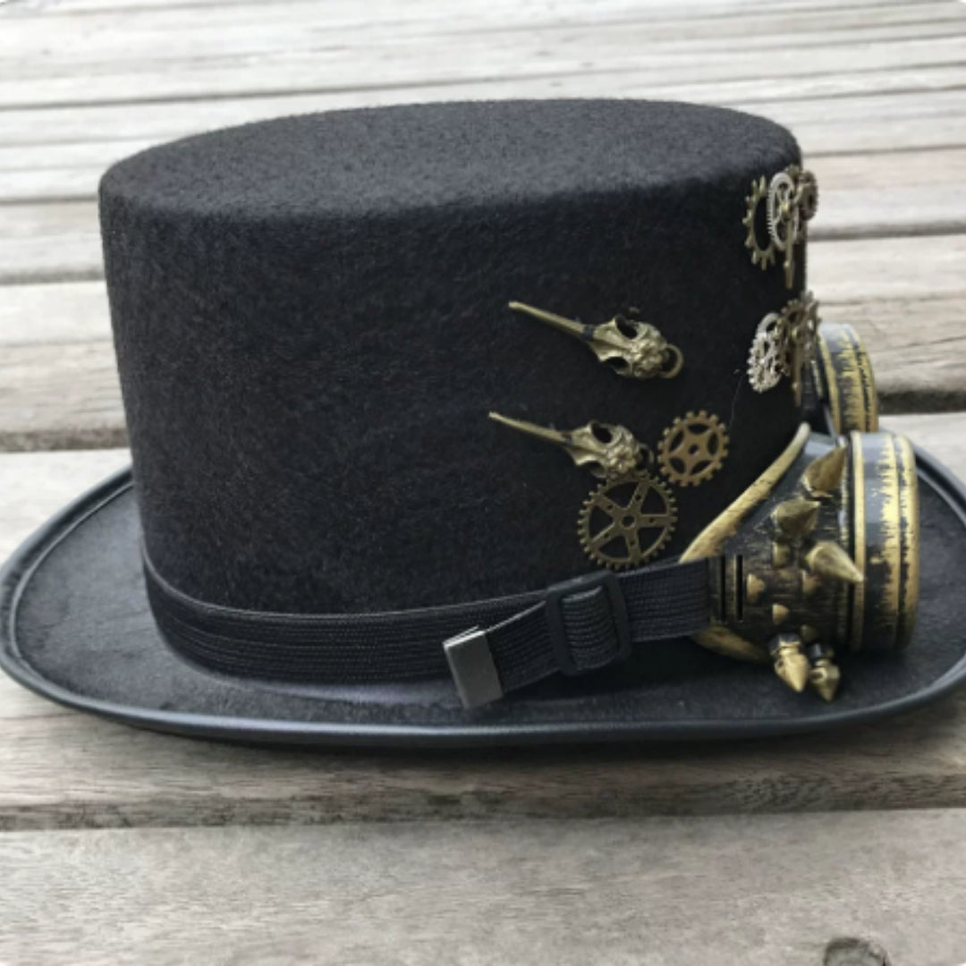 Steam Hat Retro Street Gear Punk Hat, black steampunk-style streetwear hat with retro punk design