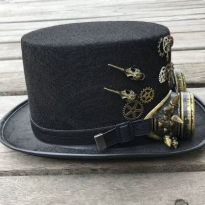 Steam Hat Retro Street Gear Punk Hat, black steampunk-style streetwear hat with retro punk design