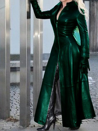 Women's long leather coat with stand collar, front view