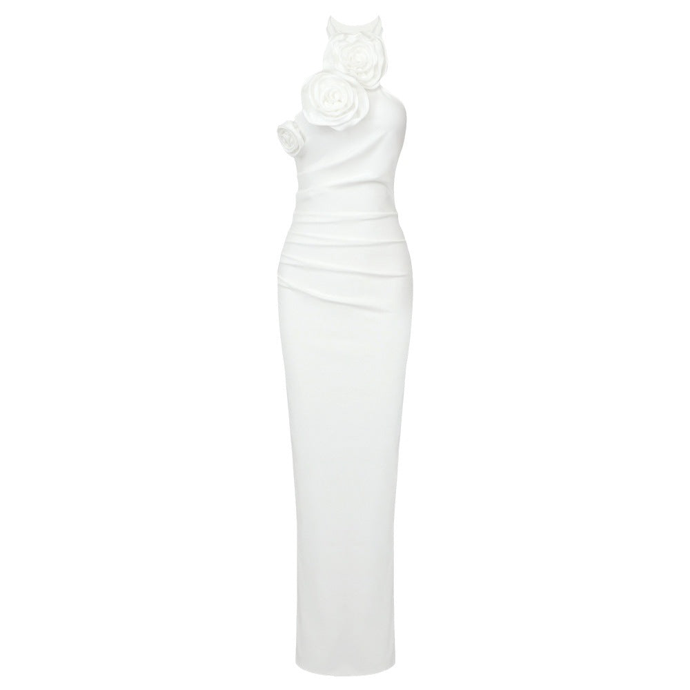 White ribbon flower halter long dress with elegant high-sense styling