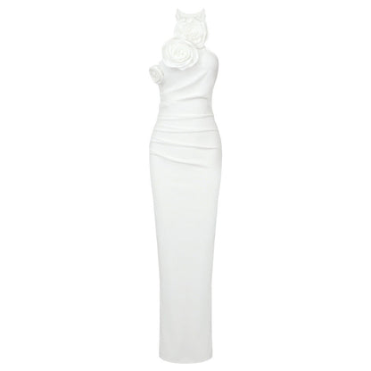 White ribbon flower halter long dress with elegant high-sense styling