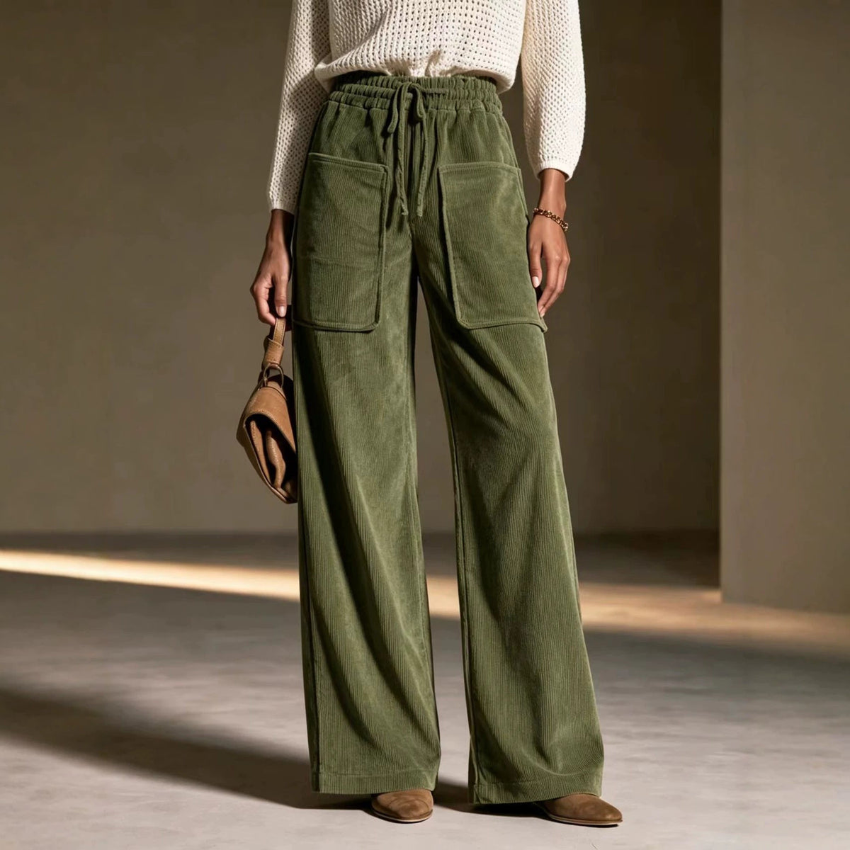 Women's high-waisted drawstring corduroy wide-leg pants by My Store