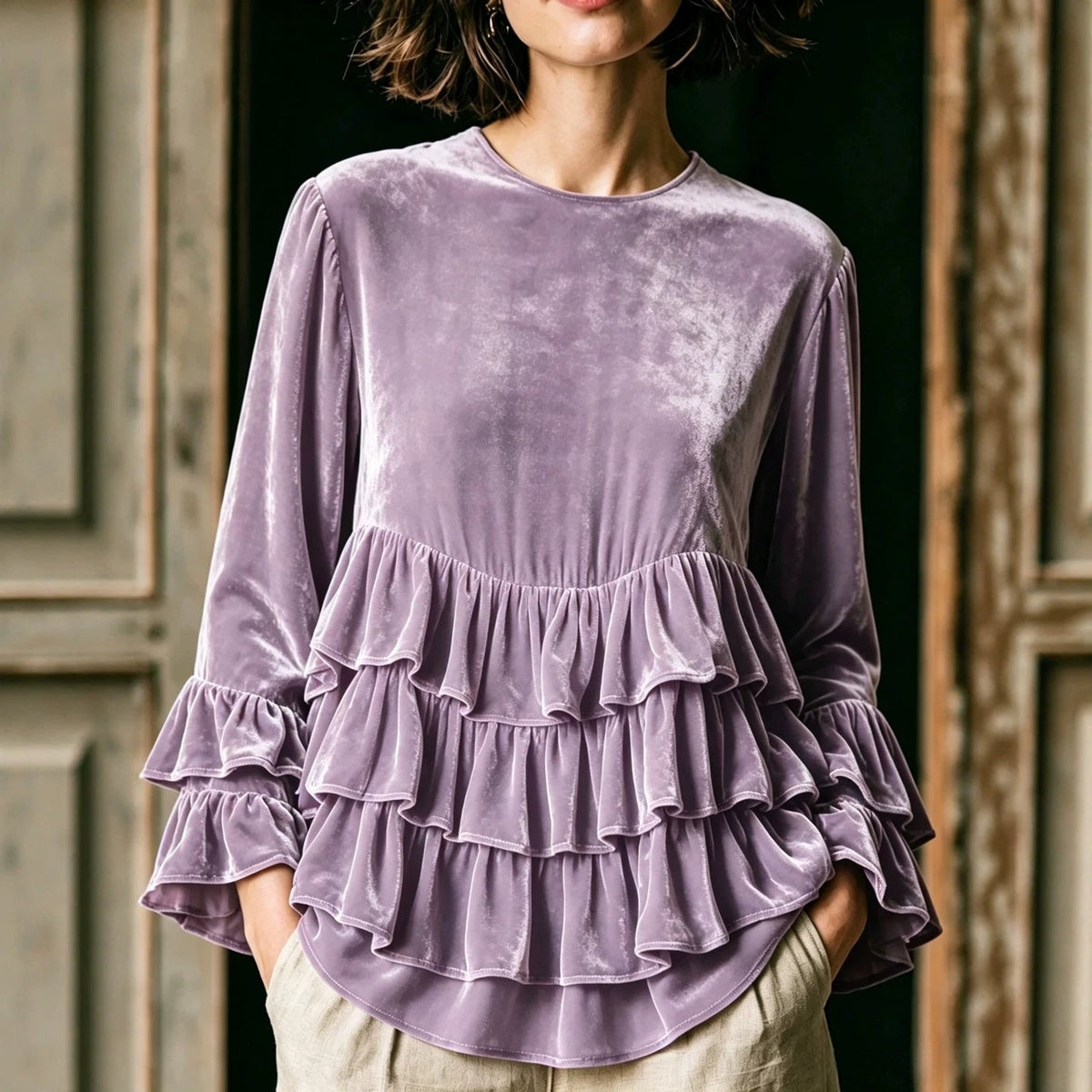 Women's long-sleeve solid-color crew-neck casual top with ruffle trim and loose fit