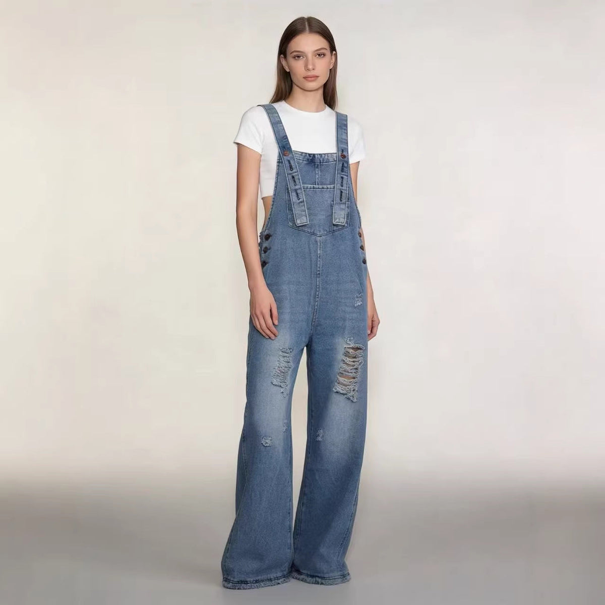 Women's retro loose-fit wide-leg denim overalls by My Store, front view