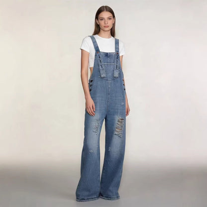 Women's retro loose-fit wide-leg denim overalls by My Store, front view
