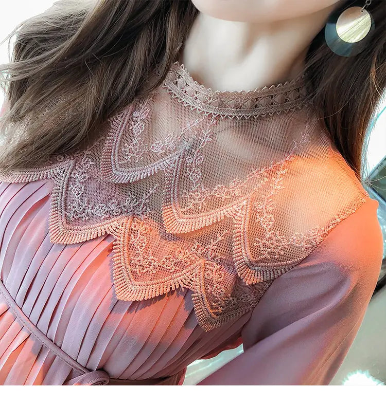 Chic Maternity Dress - Long Sleeve Pleated Chiffon