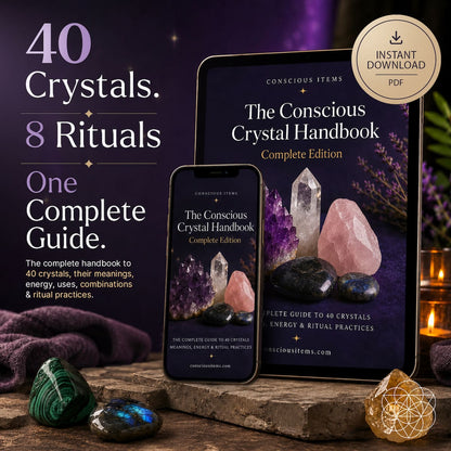 Ebook cover for The Conscious Crystal Handbook by Conscious Items featuring colorful crystal illustrations.