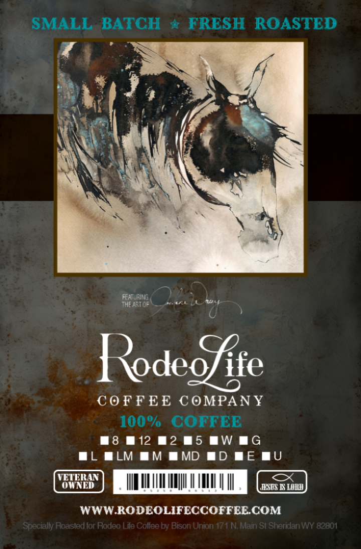 Rodeo Life Coffee Joelene Wacey "War Horse" coffee label featuring artwork and product weight options of 2lbs or 5lbs.
