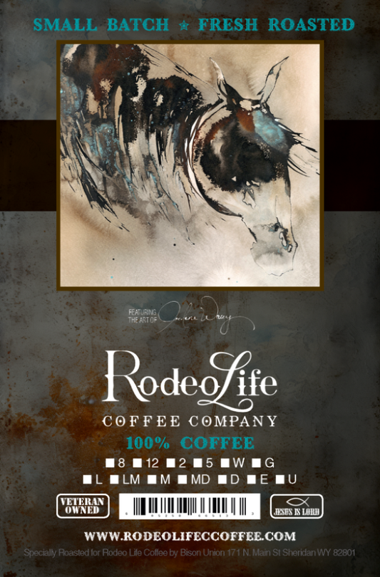 Rodeo Life Coffee Joelene Wacey "War Horse" coffee label featuring artwork and product weight options of 2lbs or 5lbs.